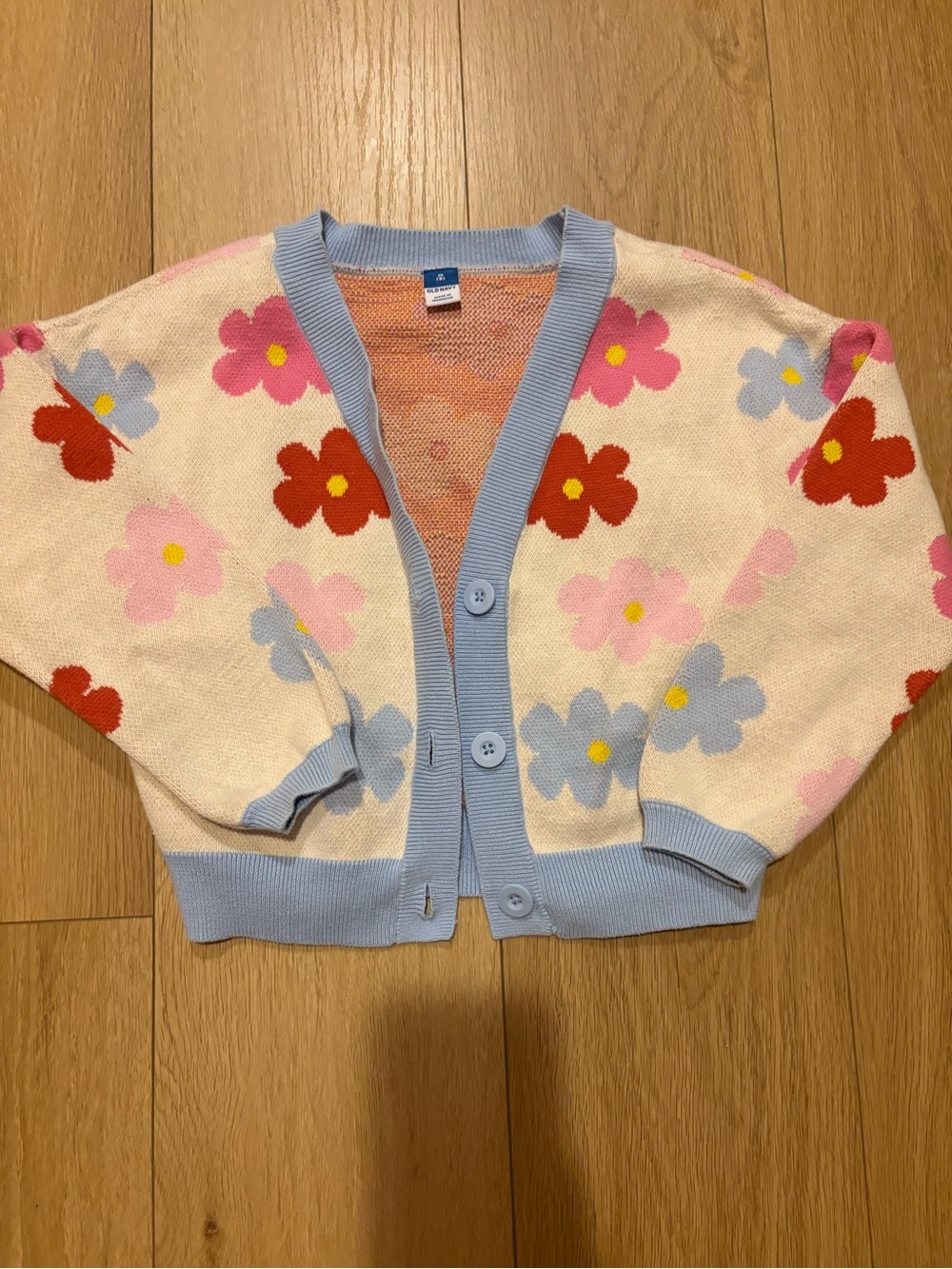 Old Navy Floral Knit Cardigan - Cream with Blue Trim and Multicolor Flowers